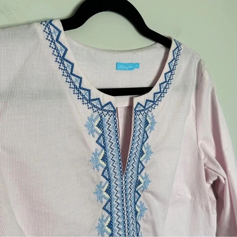 J McLaughlin Pink Cotton Embroidered Tunic Blouse‎ Top Size Medium Preppy Boho - Picture 9 of 14